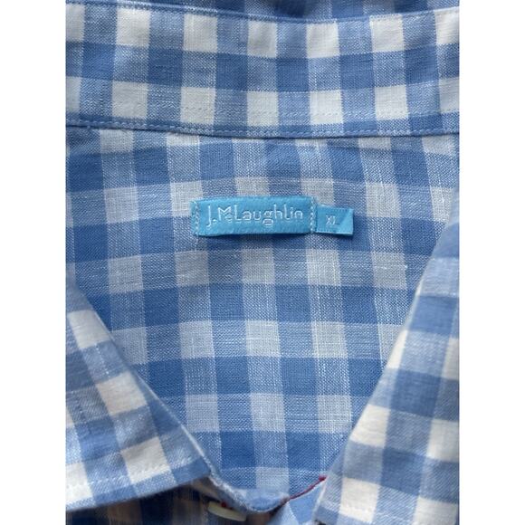 J McLaughlin XL Light Blue & White Linen Gingham Check Long Sleeve Button Down - Picture 3 of 6